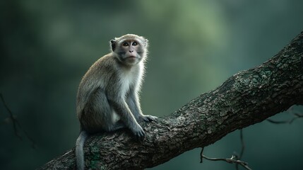 Fototapeta premium A single monkey, perched on a branch, gazes directly at the viewer with an inquisitive expression