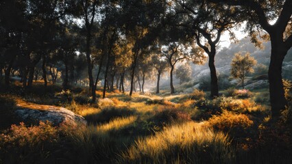 Fototapeta premium Cinematic Forest at Sunset with Golden Light Through Trees, Atmospheric Nature Landscape for Wellness and Environmental Branding 