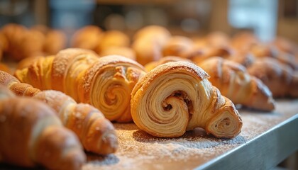 Close up photo of croissants on display. Flaky baked pastry dusted with powdered sugar. Freshly made breakfast food at bakery. Sweet dessert for cafe menu.