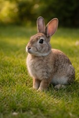 Fototapeta premium Rabbit Sitting on Green Grass Outdoors
