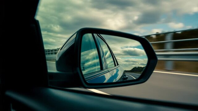 Car driving on highway with cloudy sky reflected in side mirror