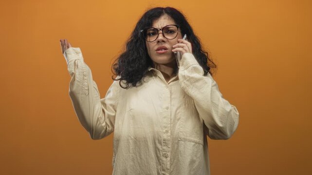 Young arab woman holding phone to ear with glasses and loose beige shirt in studio against orange wall; frustration confusion.