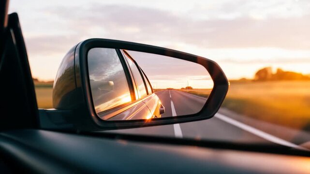 Car driving down open road at sunset with reflection in side mirror