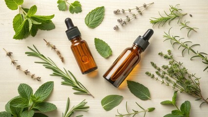 Natural essential oils in glass bottles surrounded by organic herbs and botanicals. Aromatherapy, holistic wellness, natural medicine, organic beauty concept.