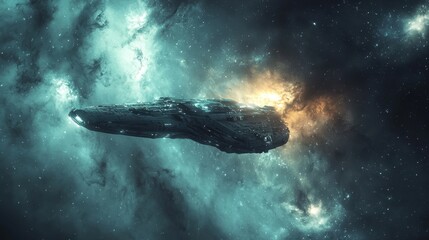 Futuristic spaceship floating through a vibrant cosmic nebula with bright stars and colorful interstellar clouds, creating a dramatic science fiction scene in deep space