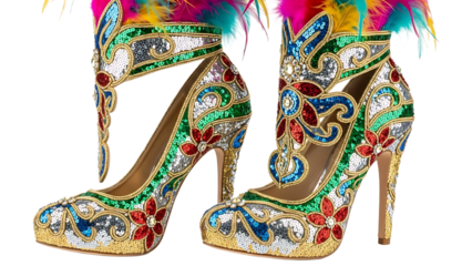 A pair of colorful high-heeled shoes with intricate designs on transparent background