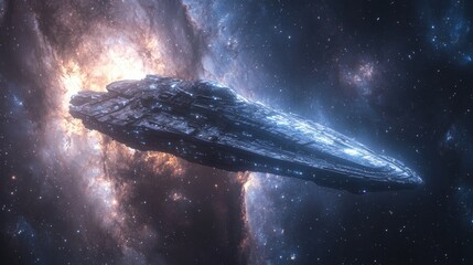 Futuristic spaceship with sleek metallic design floating through deep space against vibrant nebula and countless stars, science fiction technology, cosmic exploration, space adventure concept