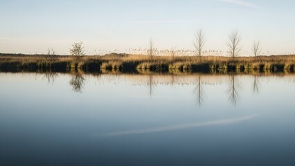 Serene lake reflects bare trees and dry grass under a clear sky.