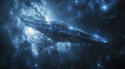 Futuristic science fiction spaceship traveling through deep space with stars and nebula in the background, illustrating advanced technology and exploration in outer space