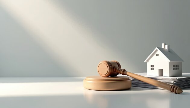 Gavel rests on sound block near house model above papers. Concept of property rights protection, mortgage, real estate regulations and justice in court. Lawmaking and legal services.