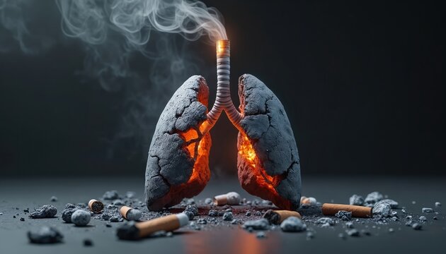 Damaged lungs filled with fire and smoke. Ash and cigarette butts trash ground. Symbol of smoking danger and respiratory illness. This visual represents harmful effects of tobacco and addiction.
