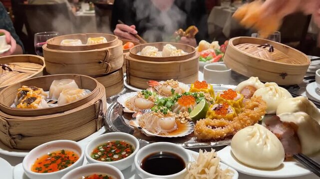 Dim sum banquet with steaming baskets, dumplings, buns, sauces, and diners with chopsticks. Flavors