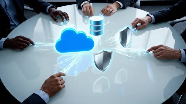 Business professionals collaborating around a table with a cloud data visualization