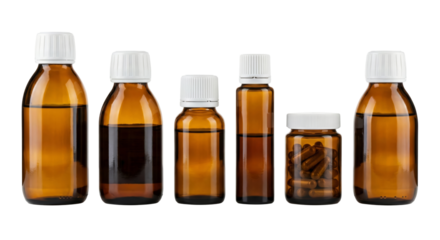 Amber Glass Bottles with White Caps - Various Sizes and Contents