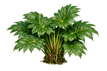 Philodendron bipinnatifidum plant with lush green deeply lobed foliage and visible roots, a tropical araceae cut out