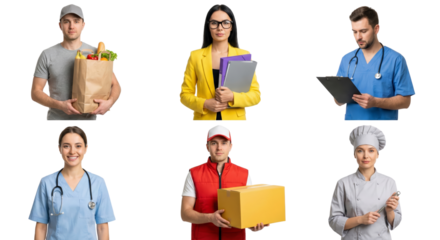 Diverse Professionals Collage: Doctor, Chef, Delivery, Student, Grocery Courier