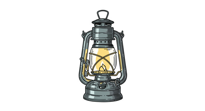 Vintage kerosene lantern with a glowing flame illustrated in a colorful detailed hand-drawn retro woodcut style object.