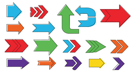 A large collection of colorful arrow icons in various simple and bold shapes for direction pointers and navigation design.
