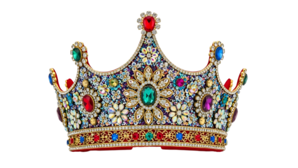 A colorful crown with precious stones on transparent background