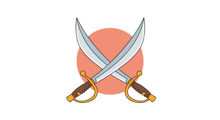 Two crossed pirate cutlass swords with golden hilts illustrated in a colorful cartoon style on a red circle background.