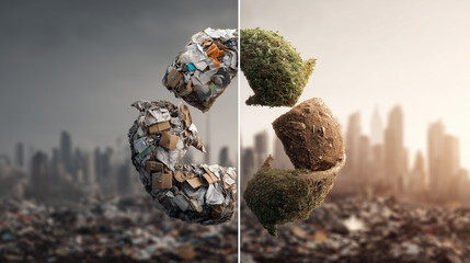 From pollution to sustainability concept showing waste transforming into green nature future