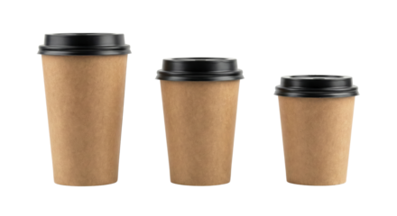 Three Kraft Paper Coffee Cups with Black Lids Isolated on White Background