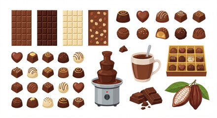 Fototapeta premium A delectable assortment of chocolates, from rich dark bars to creamy white varieties, accompanied by a steaming mug and a chocolate fountain, perfect for any sweet connoisseur