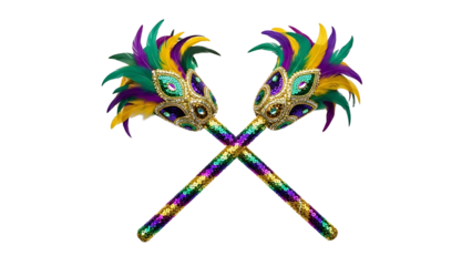 Vibrant Mardi Gras masks on transparent background, symbolizing Brazilian Carnaval celebrations with colorful feathers and glitter