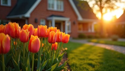 Fototapeta premium Orange tulips bloom in front of a brick house at sunset. Sunlight creates long shadows across the green lawn and pathway leading to the home.