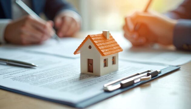 Person signs home loan agreement with pen. Miniature house on table symbolizes real estate purchase. Documents represent mortgage finance deal. Concept of buying selling property.
