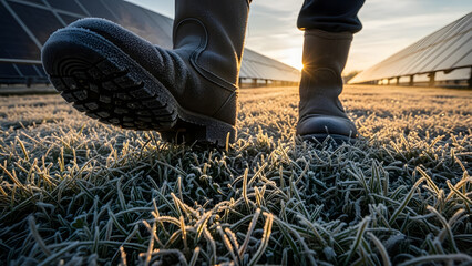 Close Up of Worker Boots Walking on Frosty Grass in Winter Solar Farm Inspection