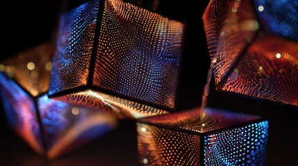 Geometric metal cubes with textured surfaces and colorful reflections in a dark environment with dramatic lighting with geometric shapes and metallic cubes