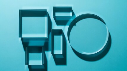 Aqua Geometry Glass Shapes on Blue Background Casting Shadows.