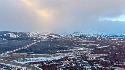 Aerial view of Glacier National Park and St Marys Lake in January