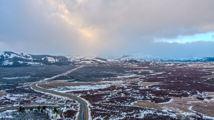 Aerial view of Glacier National Park and St Marys Lake in January