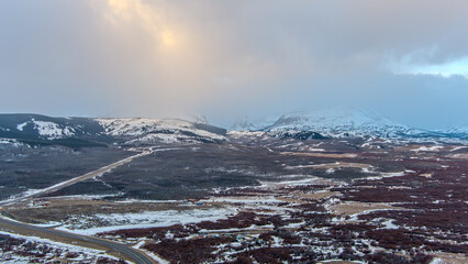 Aerial view of Glacier National Park and St Marys Lake in January