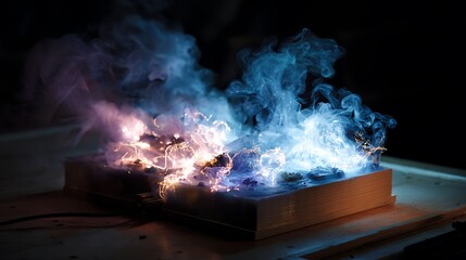 Mini element igniting with broad amber and blue smoke on a dark background with sparks flying everywhere showing a small fire with danger and warning