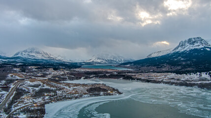 Aerial view of Glacier National Park and St Marys Lake in January