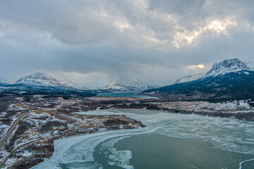 Aerial view of Glacier National Park and St Marys Lake in January