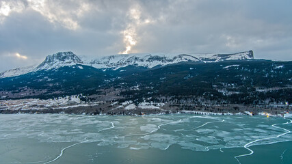 Aerial view of Glacier National Park and St Marys Lake in January