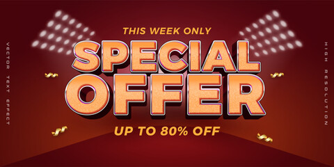 Special offer banner vector template with bold 3D text on red background
