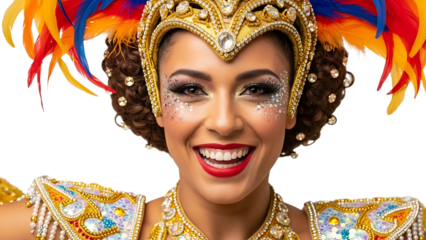 A smiling woman in a vibrant Brazilian Carnaval costume on transparent background