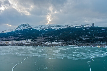 Aerial view of Glacier National Park and St Marys Lake in January