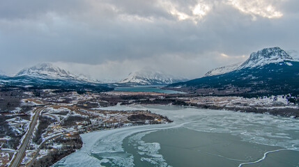 Aerial view of Glacier National Park and St Marys Lake in January