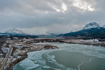 Aerial view of Glacier National Park and St Marys Lake in January