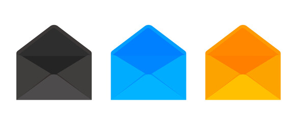 Envelope Icons Set in Black, Blue and Orange Colors On transparent background. Vectors illustration.