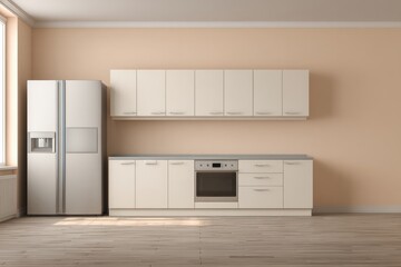 Contemporary kitchen installation featuring light cabinetry, modern appliances, and hardwood flooring