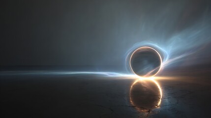 Glowing metallic orb on reflective surface with radiant light beams in dark room with futuristic and sci fi and technology and innovation and energy