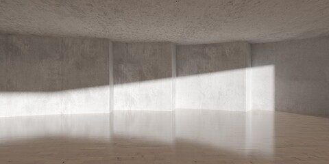 Modern empty concrete room interior with stepped round walls, sunlight and wooden floor - industrial interior background template
