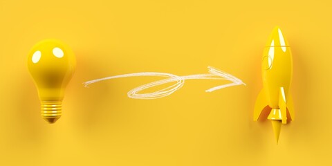 Light bulb idea to start up rocket concept with white arrow in between on yellow background